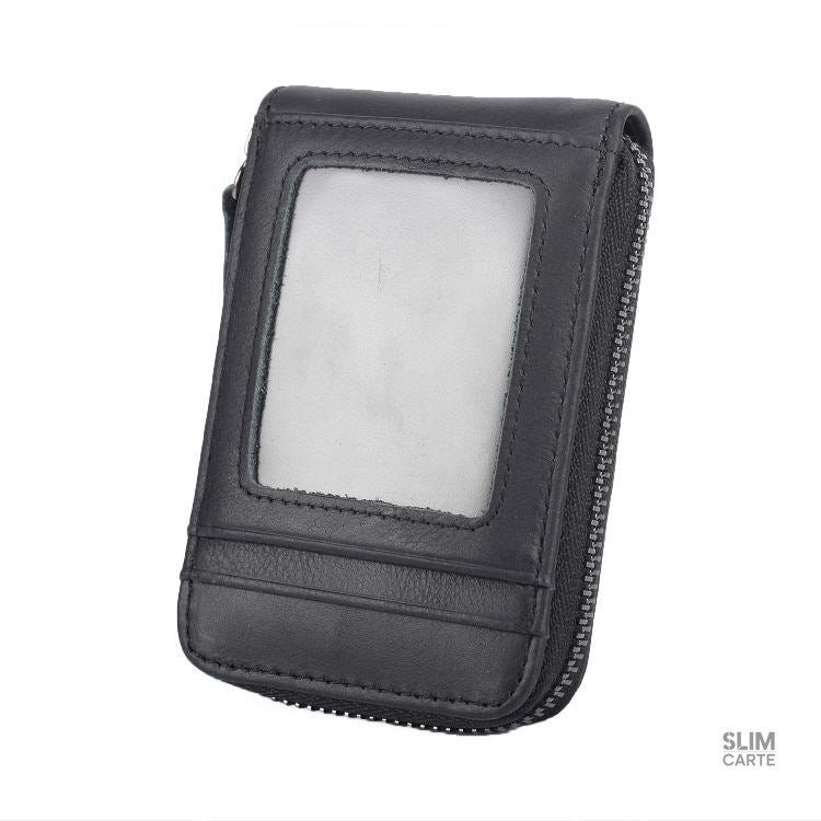 Porte-cartes en cuir lisse zippé RFID